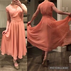 Vintage Coral-Pink Chiffon Surplice Dress with Bias-Cut Sweeping Skirt, S